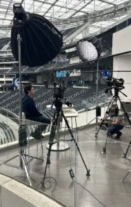 professional interview behind the scenes with lights and stands