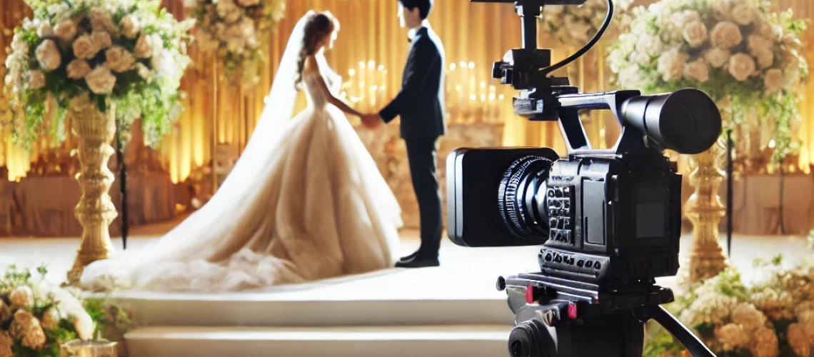 A wedding scene with a videographer capturing the bride and groom. The setting is beautifully decorated, and the atmosphere is joyful.