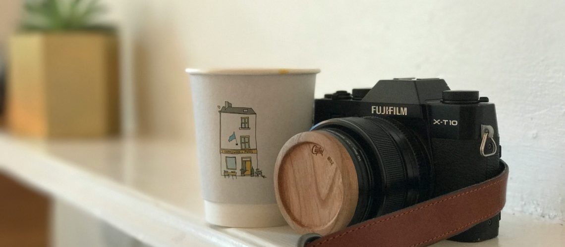 A camera beside the coffee product for video production