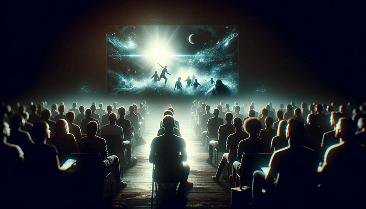  An audience is deeply engaged and emotionally impacted by a powerful video story, with their faces illuminated by the glow of the screen in a dark room. The image captures the magic of visual storytelling and its ability to captivate and move viewers.