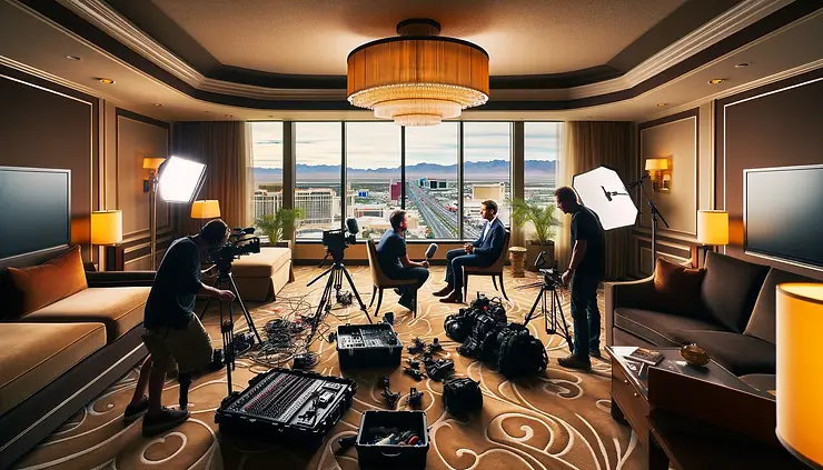 A luxurious Las Vegas hotel suite serves as the setting for a swiftly arranged interview by a video production crew. Elegant decor and panoramic windows with a view of the Strip form the backdrop. The crew efficiently sets up lighting and sound equipment, while the interviewee sits ready, showcasing a blend of urgency and sophistication