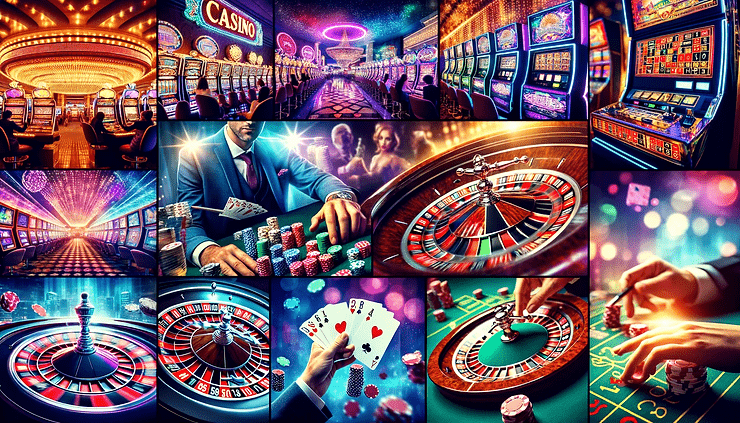 A vibrant montage showcasing casino highlights, including colorful slot machines flashing, roulette wheels spinning, and card dealers shuffling, capturing the lively atmosphere and thrill of gambling.