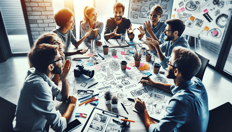 A creative team energetically brainstorms ideas for a new video project, surrounded by notes and storyboard sketches on a table. The lively discussion highlights the collaborative process of storytelling, with team members sharing and developing innovative ideas together.