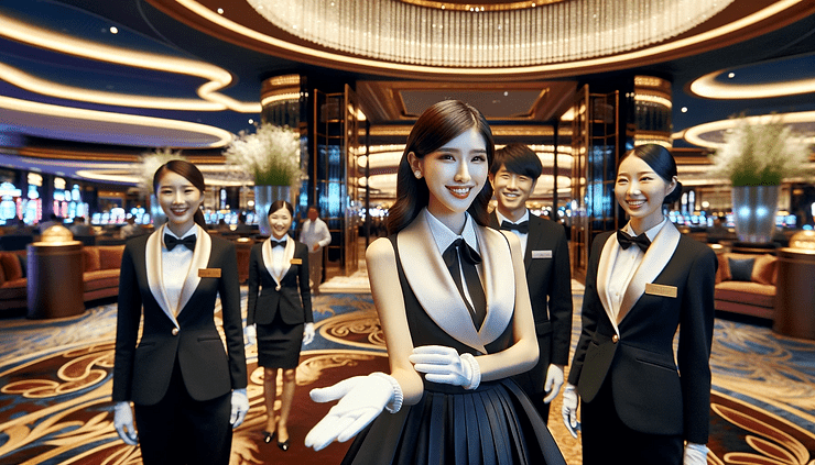 Guests enter a luxurious casino, greeted warmly by smiling staff in elegant attire at the opulent entrance, highlighting the casino's inviting ambiance and high standard of hospitality.
