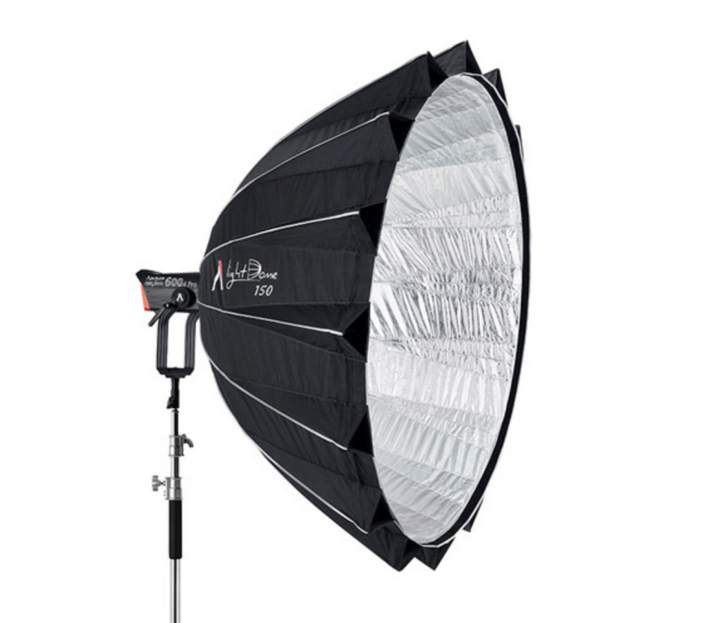 an Aputure light dome 150 soft box attached to Aputure 600d on a c-stand