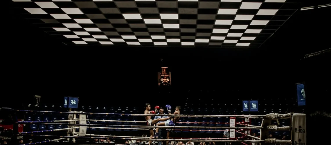 A wide-angle shot for a boxing fight