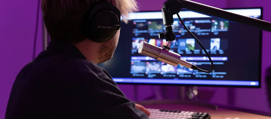 A man recording a podcast for his online content