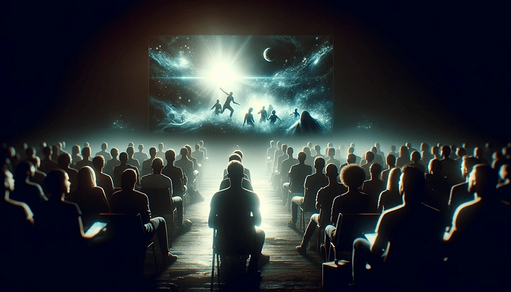  An audience is deeply engaged and emotionally impacted by a powerful video story, with their faces illuminated by the glow of the screen in a dark room. The image captures the magic of visual storytelling and its ability to captivate and move viewers.