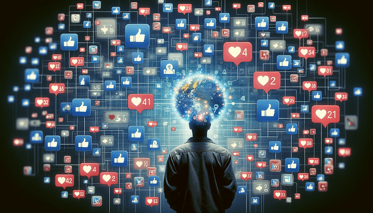 A digital collage illustrates a person at the heart of a vast network of social media interfaces, symbolizing the role of social media in narrative control. Around them, likes, comments, and shares visibly float, representing interactive engagement. The background is adorned with icons of various social media platforms, highlighting the digital landscape's influence on public perception and the spread of narratives. This image captures the dynamic interplay between individuals and digital platforms in shaping and controlling stories in the modern age.