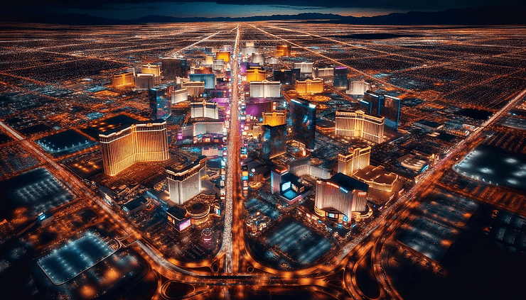 An aerial night view of Las Vegas showcases the city's dazzling lights from casinos, hotels, and streets, capturing the vibrant energy and iconic Strip glow.