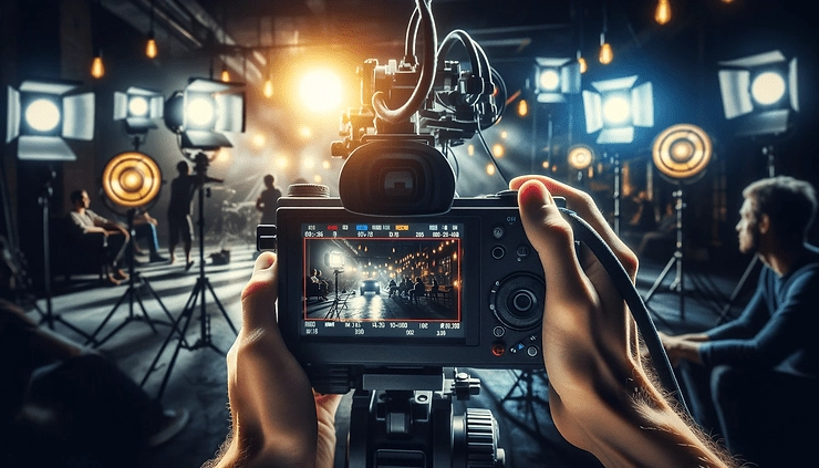  A videographer films behind-the-scenes footage on a production set, capturing the intricate details of video production from lighting setups to directorial decisions, showcasing the artistry and complexity involved in crafting compelling video stories.