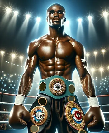 an African American boxer wearing three belts