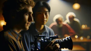 a man is holding a camera in a night setting with another man behind him