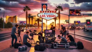 Las Vegas Professional Film Crew setting up gear in front of Welcome to Las Vegas Sign