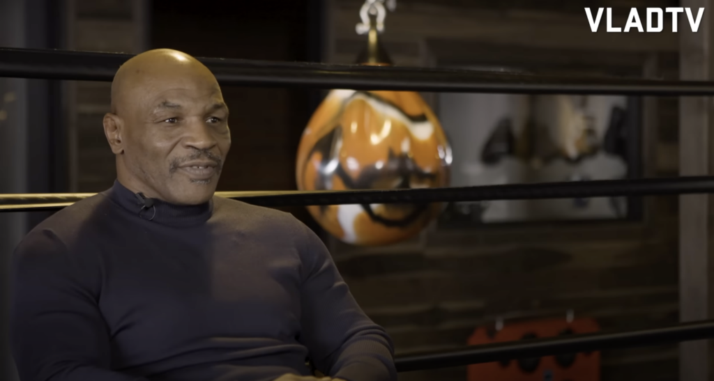 American boxer Mike Tyson inside the ring doing an interview.