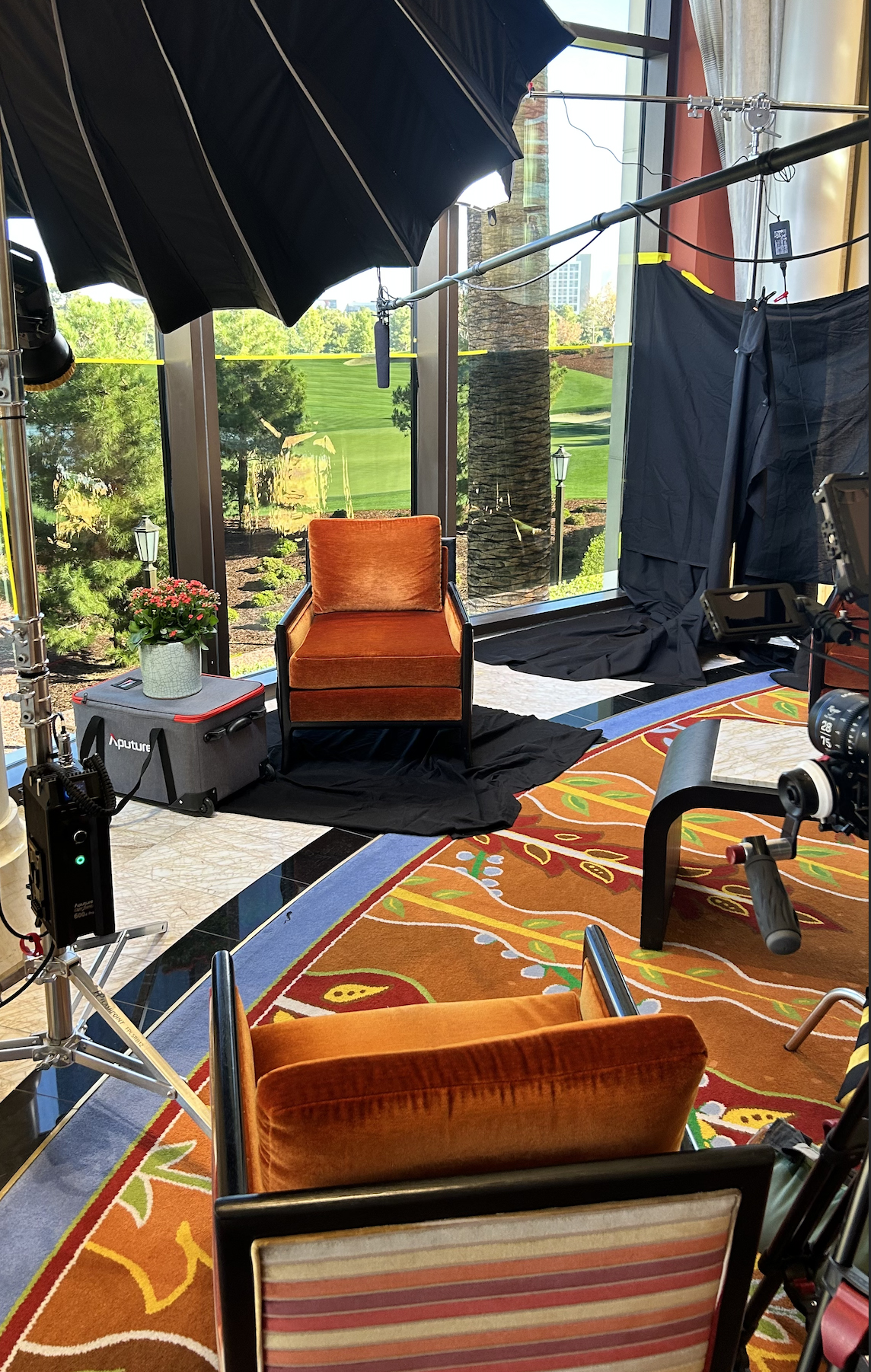 professional interview setup with lights and microphone in a casino setting