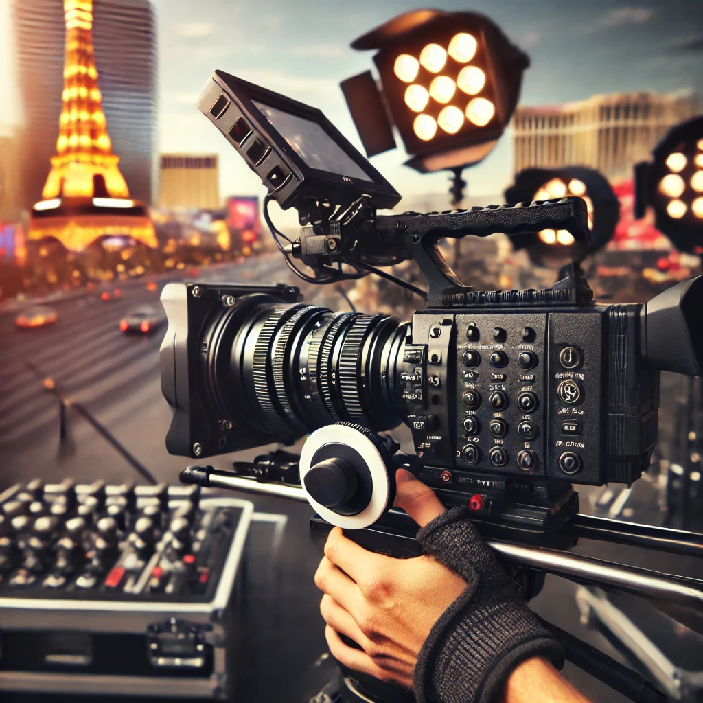 a professional camera from HUSTL Media Productions is shooting video content on the Las Vegas strip with Eiffel Tower in the background and casinos