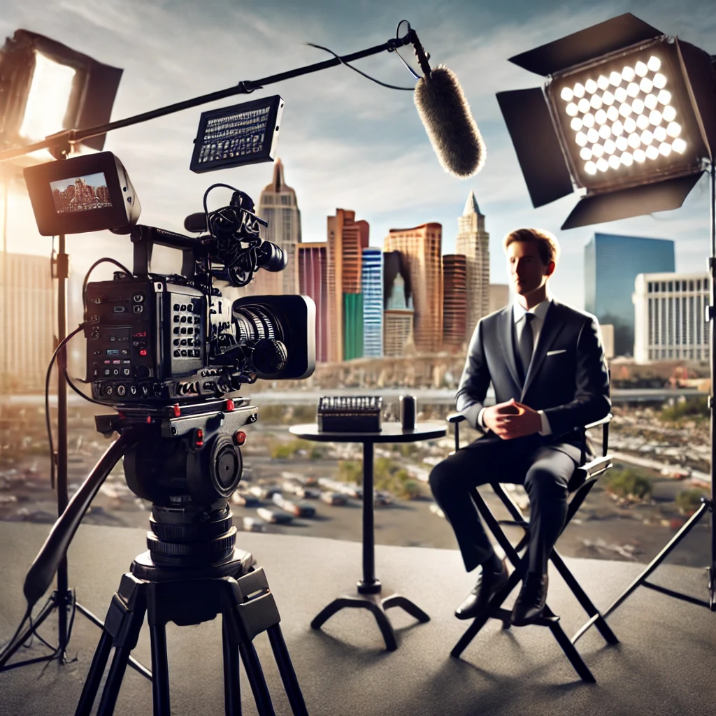 A professional camera setup with lighting and sound equipment on a corporate video shoot, capturing a business executive giving an interview. The backdrop includes the Las Vegas skyline.