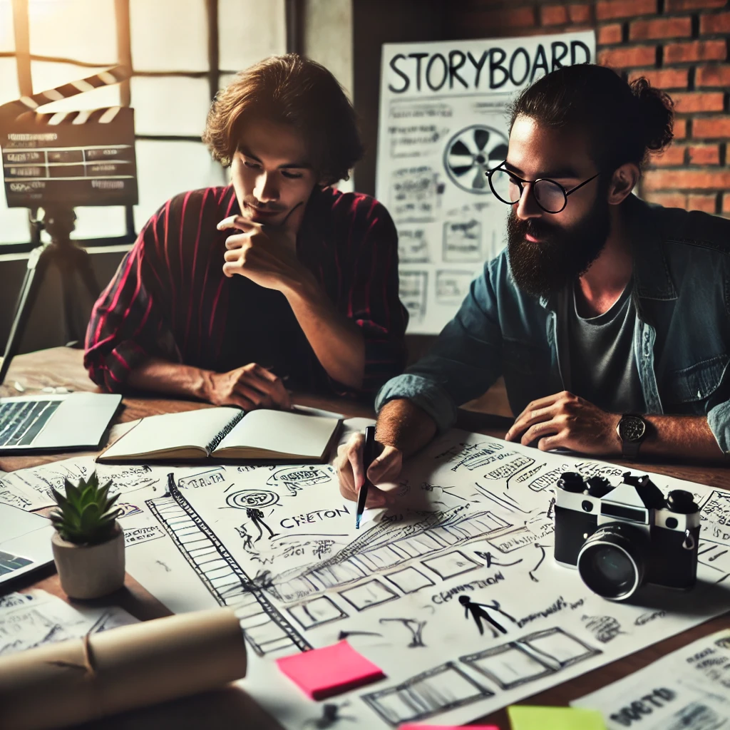 A director and a writer brainstorming on a storyboard, with creative sketches and notes spread across the table. The atmosphere is collaborative and focused.