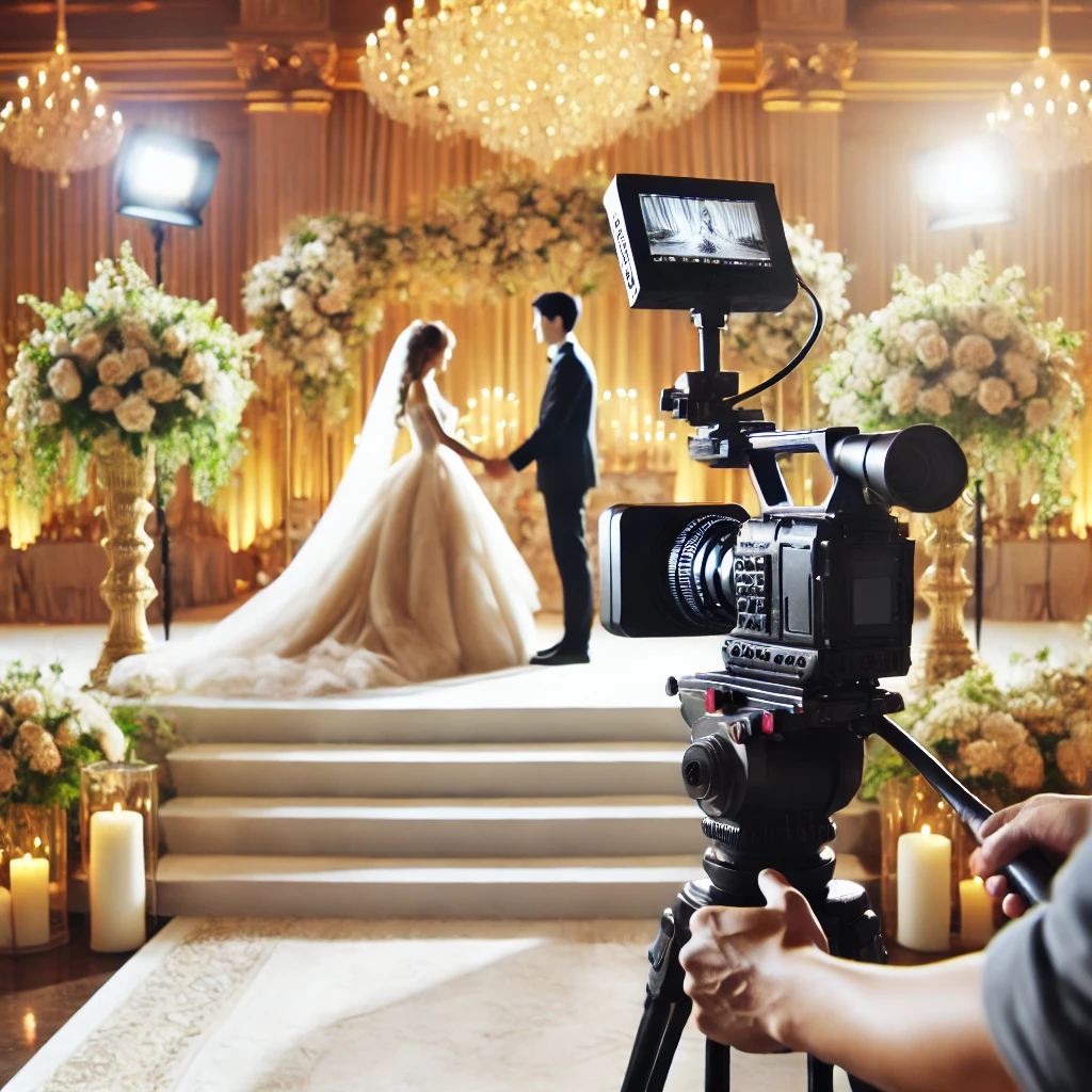 A wedding scene with a videographer capturing the bride and groom. The setting is beautifully decorated, and the atmosphere is joyful.