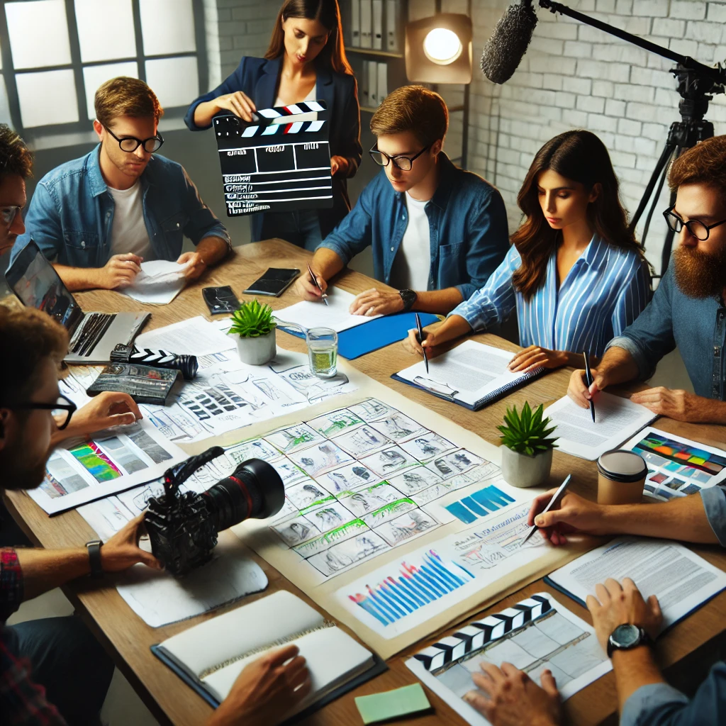 A team of video production professionals engaged in a detailed planning session with storyboards and schedules on the table.