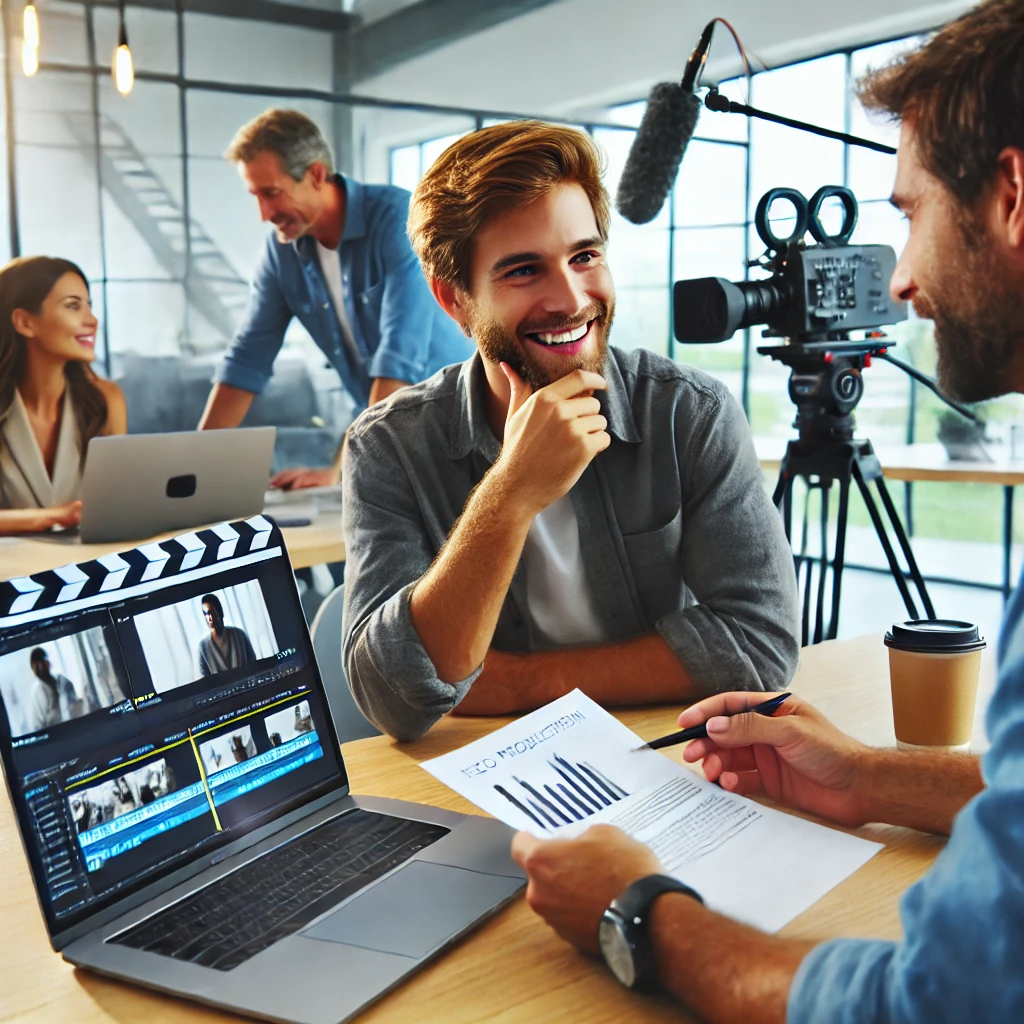  A video production manager discussing project details with a client in a modern office setting.