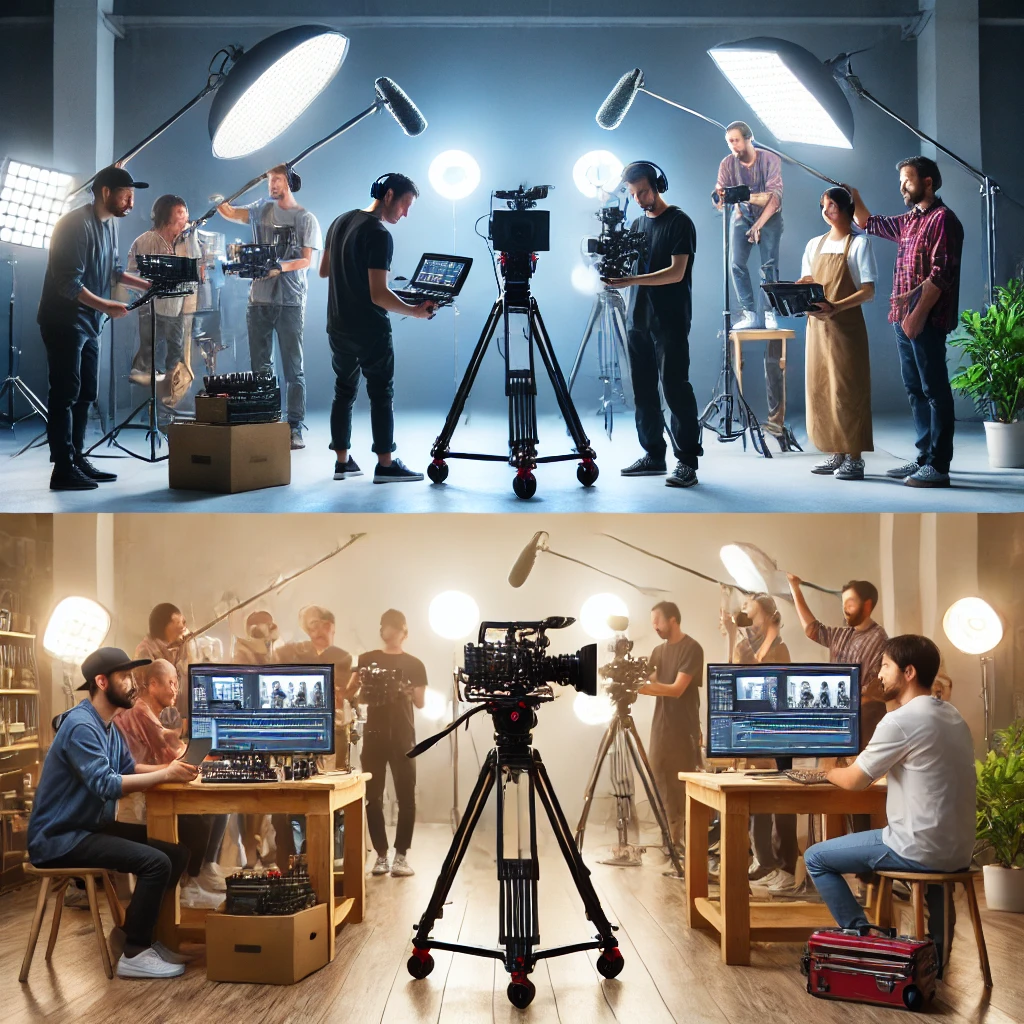  A side-by-side comparison of high-quality and low-quality video production setups, highlighting the differences in equipment and crew.