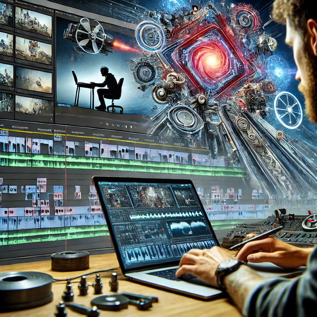 A video editor working on a complex editing timeline with multiple video and audio tracks.