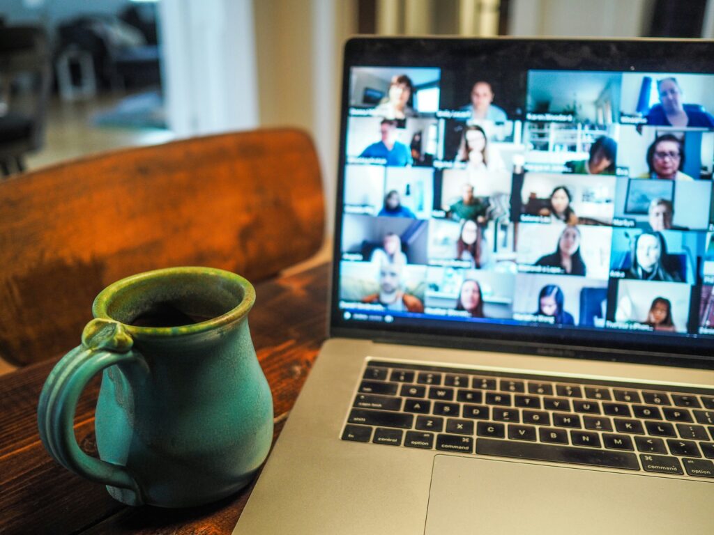 An online meeting is ongoing for the video production crew