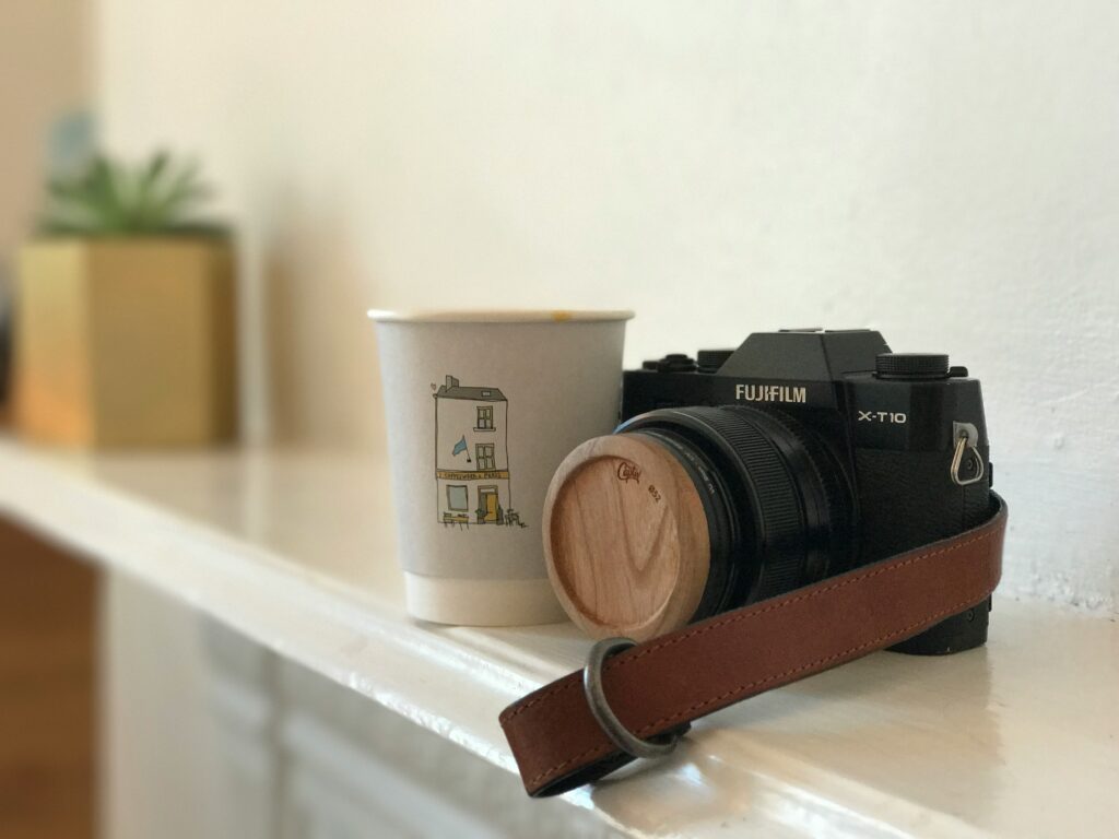 A camera beside the coffee product for video production