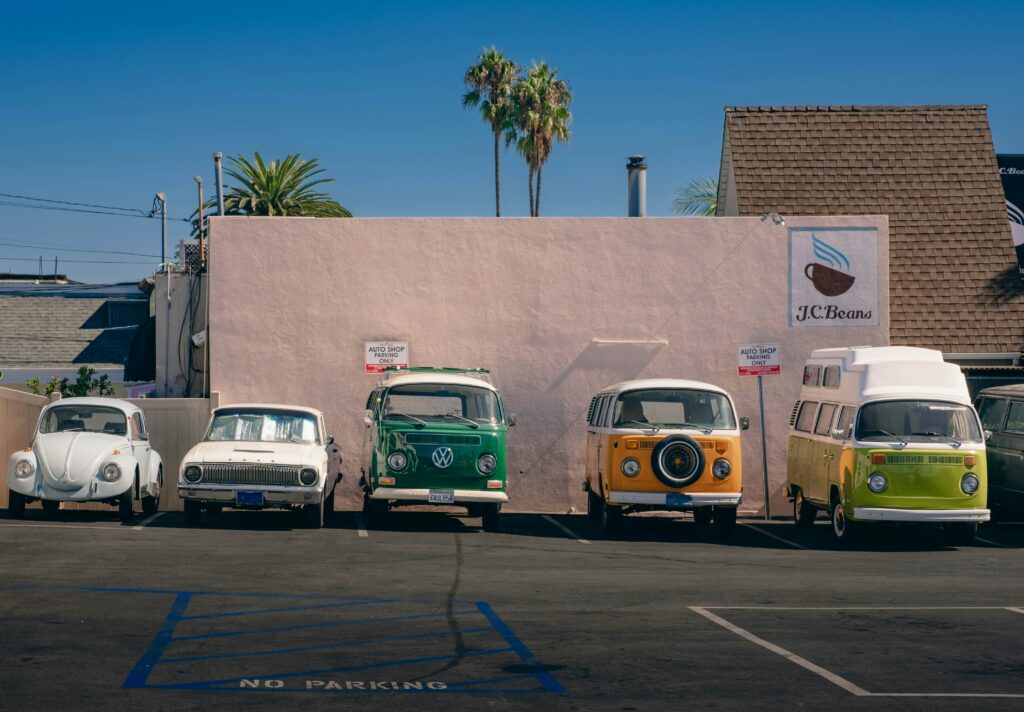 A series of Volkswagen units parked