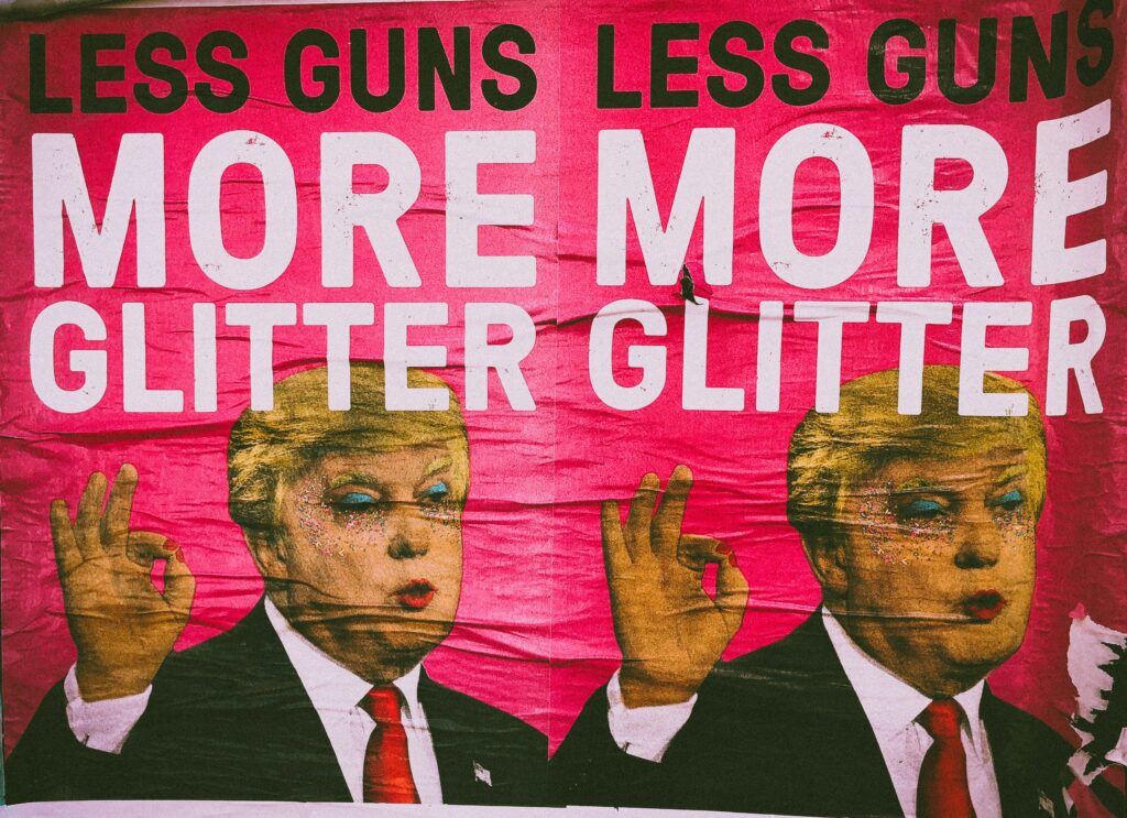 Trump speaking about gun control in a humorous banner