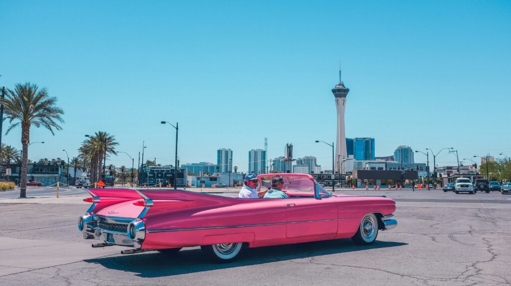 Pink car as a subject with Las Vegas in the background