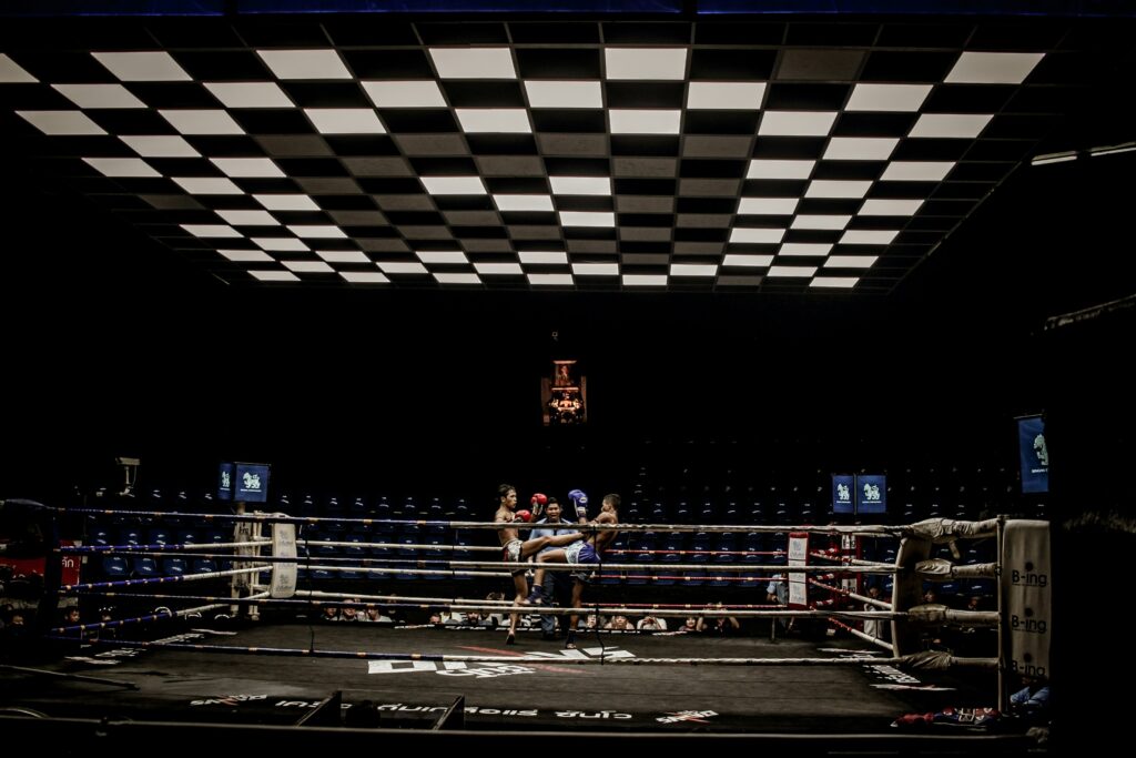 A wide-angle shot for a boxing fight