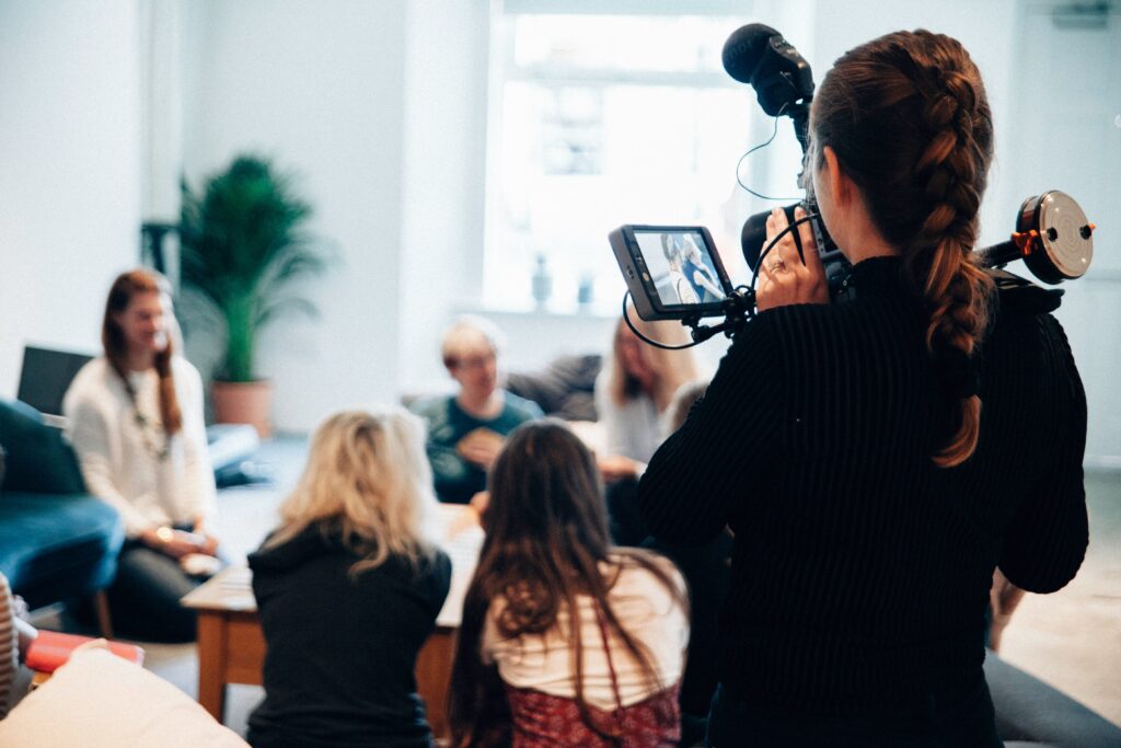 A group of customers gathered for video testimonials