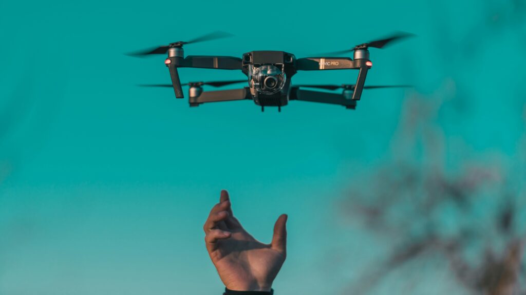 A drone launched by Art Freeman to capture shots for reels