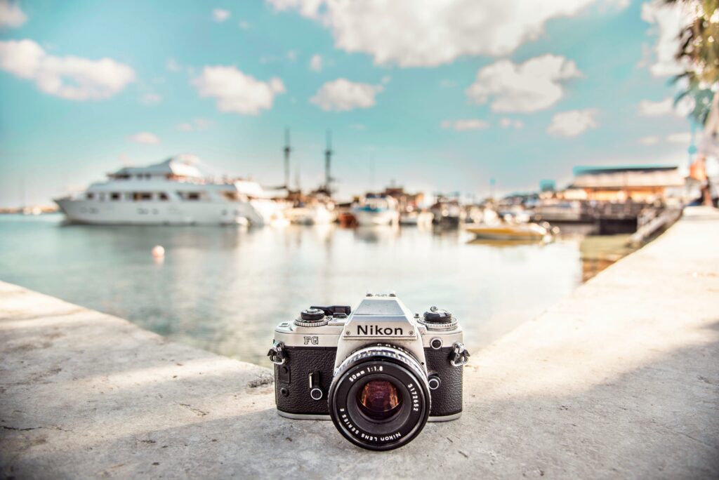 A camera in the middle of outdoor sceneries