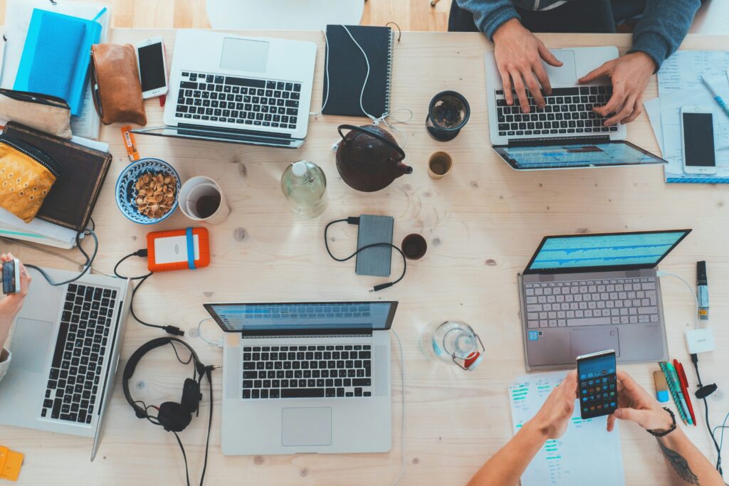 A table full of devices used for file processing