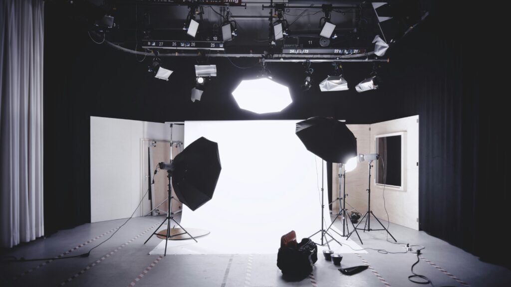 Video production studio with lighting fully set up